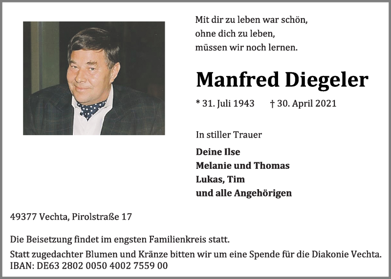  Traueranzeige für Manfred Diegeler vom 04.05.2021 aus OM-Medien
