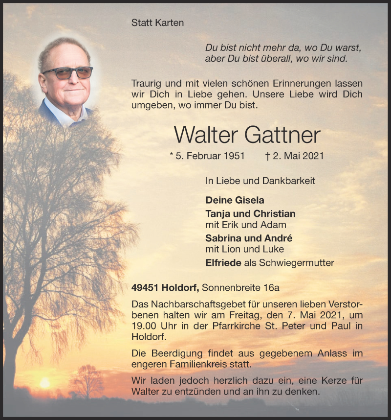  Traueranzeige für Walter Gattner vom 04.05.2021 aus OM-Medien