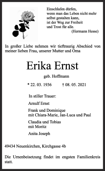 Anzeige von Erika Ernst von OM-Medien