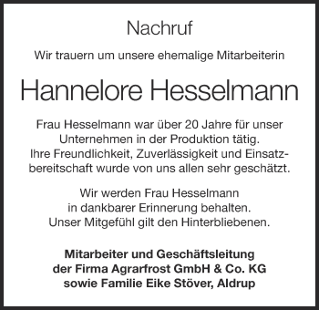 Anzeige von Hannelore Hesselmann von OM-Medien
