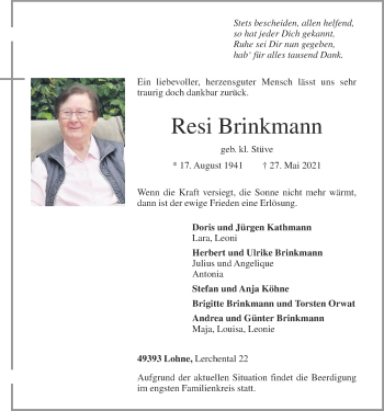 Anzeige von Resi Brinkmann von OM-Medien