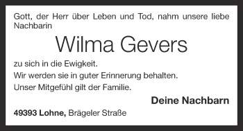 Anzeige von Wilma Gevers von OM-Medien