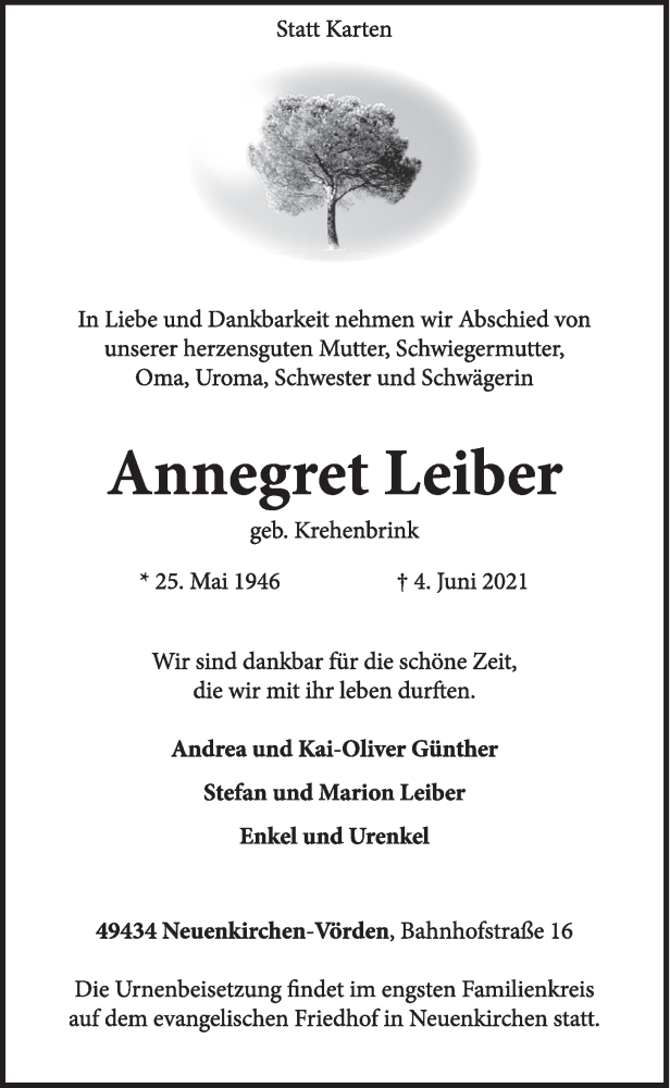  Traueranzeige für Annegret Leiber vom 07.06.2021 aus OM-Medien