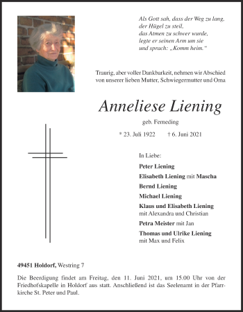 Anzeige von Anneliese Liening von OM-Medien