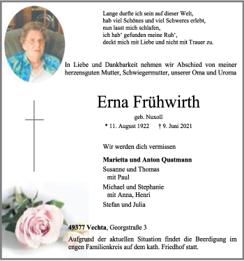 Anzeige von Erna Frühwirth von OM-Medien
