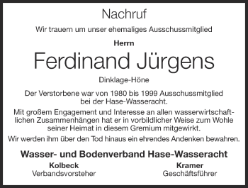 Anzeige von Ferdinand Jürgens von OM-Medien
