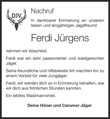 Anzeige von Ferdinand Jürgens von OM-Medien