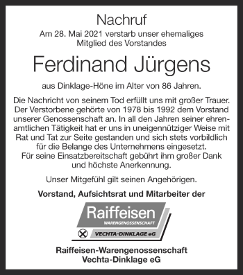 Anzeige von Ferdinand Jürgens von OM-Medien