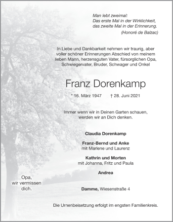 Anzeige von Franz Dorenkamp von OM-Medien