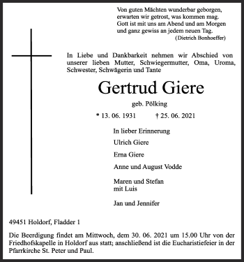 Anzeige von Gertrud Giere von OM-Medien