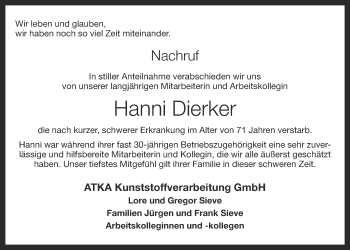 Anzeige von Hanni Dierker von OM-Medien