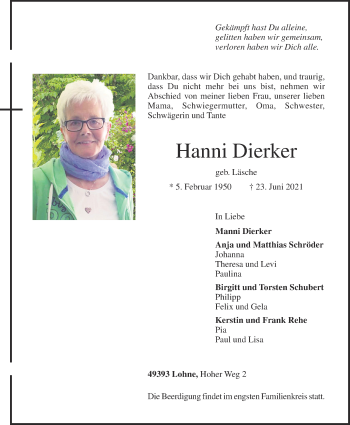 Anzeige von Hanni Dierker von OM-Medien