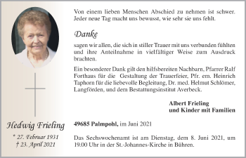 Anzeige von Hedwig Frieling von OM-Medien