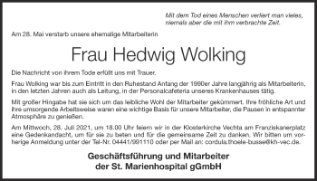 Anzeige von Hedwig Wolking von OM-Medien