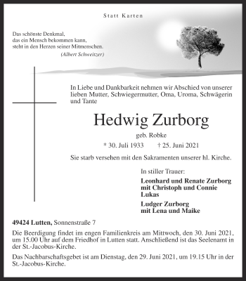 Anzeige von Hedwig Zurborg von OM-Medien