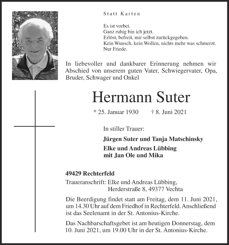  Traueranzeige für Hermann Suter vom 10.06.2021 aus OM-Medien