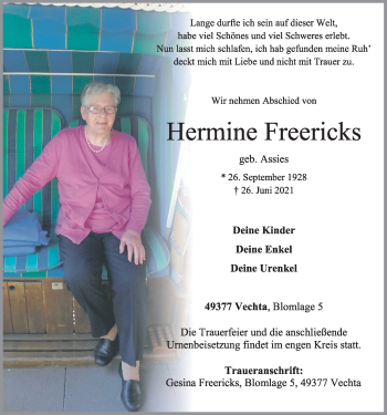 Anzeige von Hermine Freericks von OM-Medien