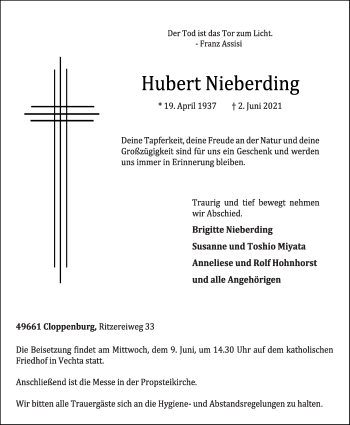 Anzeige von Hubert Nieberding von OM-Medien