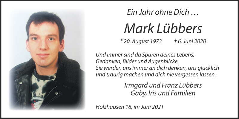  Traueranzeige für Mark Lübbers vom 05.06.2021 aus OM-Medien