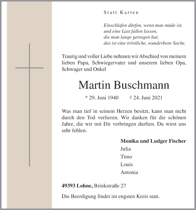  Traueranzeige für Martin Buschmann vom 26.06.2021 aus OM-Medien