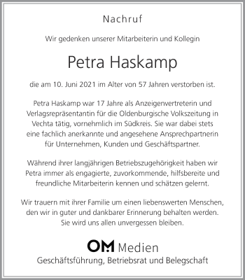 Anzeige von Petra Haskamp von OM-Medien