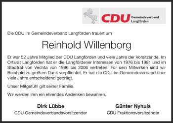 Anzeige von Reinhold Willenborg von OM-Medien