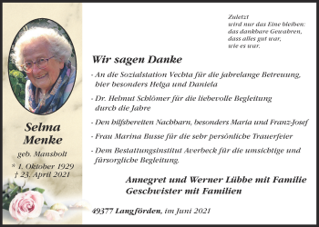 Anzeige von Selma Menke von OM-Medien