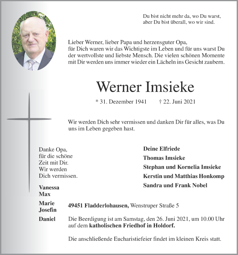  Traueranzeige für Werner Imsieke vom 24.06.2021 aus OM-Medien