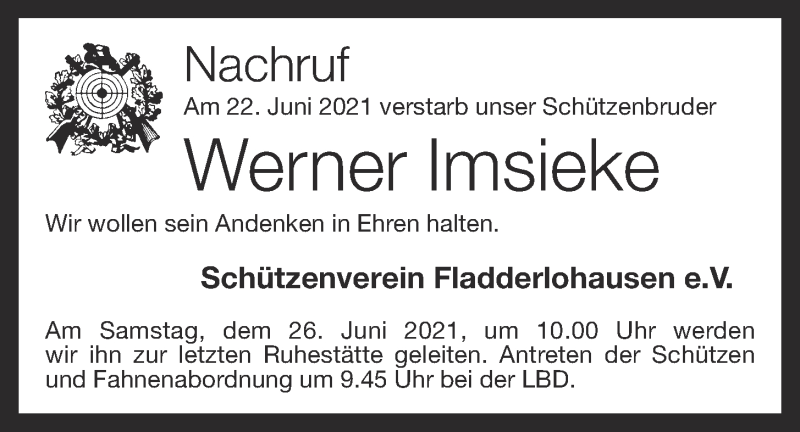  Traueranzeige für Werner Imsieke vom 25.06.2021 aus OM-Medien