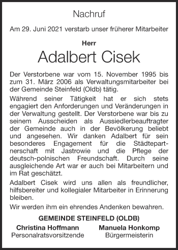Anzeige von Adalbert Cisek von OM-Medien