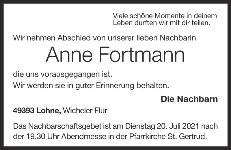  Traueranzeige für Anne Fortmann vom 19.07.2021 aus OM-Medien