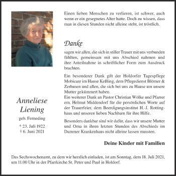 Anzeige von Anneliese Liening von OM-Medien