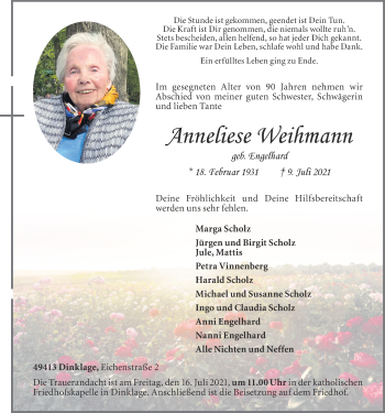Anzeige von Anneliese Weihmann von OM-Medien