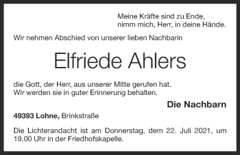 Anzeige von Elfriede Ahlers von OM-Medien