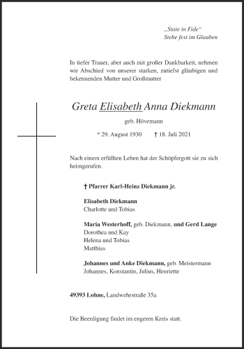 Anzeige von Greta Elisabeth Anna Diekmann von OM-Medien