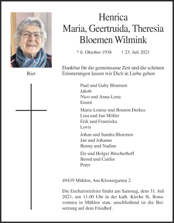 Anzeige von Henrica Maria Geertruida Theresia Bloemen Wilmink von OM-Medien