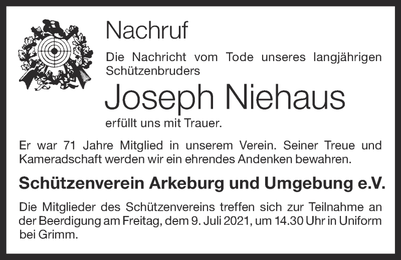  Traueranzeige für Joseph Niehaus vom 08.07.2021 aus OM-Medien