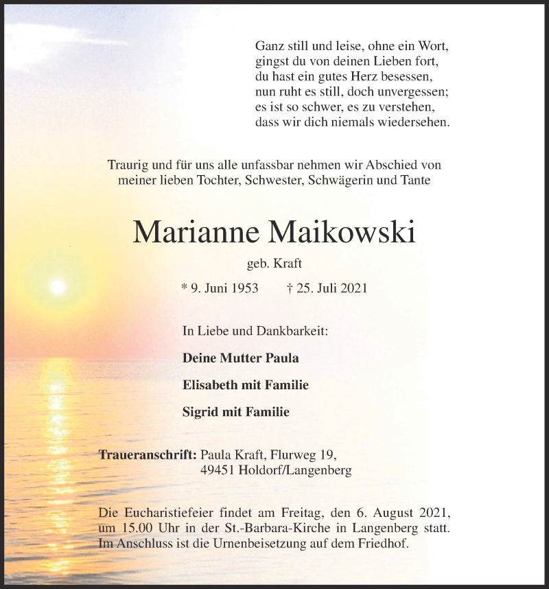  Traueranzeige für Marianne Maikowski vom 31.07.2021 aus OM-Medien