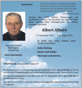 Anzeige von Albert Albers von OM-Medien