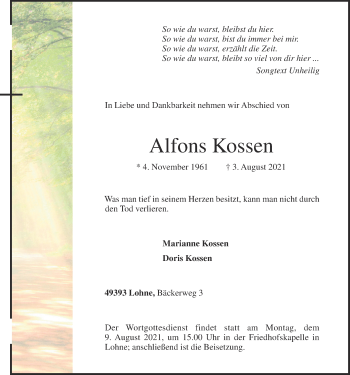 Anzeige von Alfons Kossen von OM-Medien