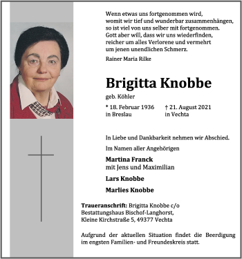 Anzeige von Brigitta Knobbe von OM-Medien