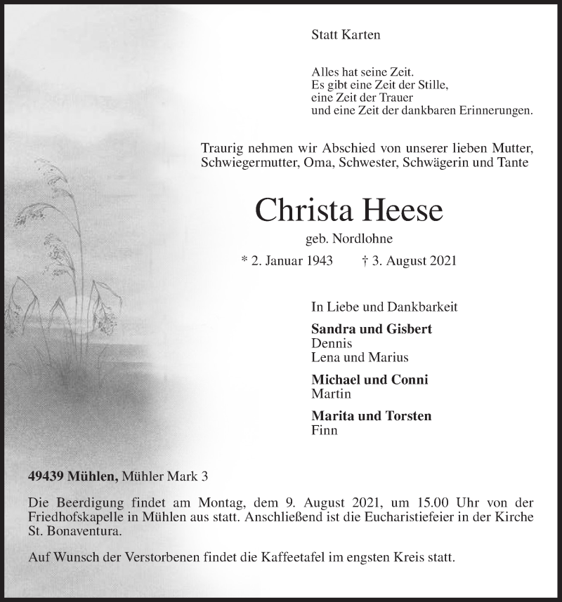  Traueranzeige für Christa Heese vom 06.08.2021 aus OM-Medien