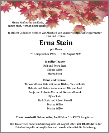 Anzeige von Erna Stein von OM-Medien