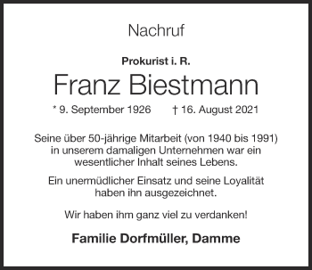 Anzeige von Franz Biestmann von OM-Medien