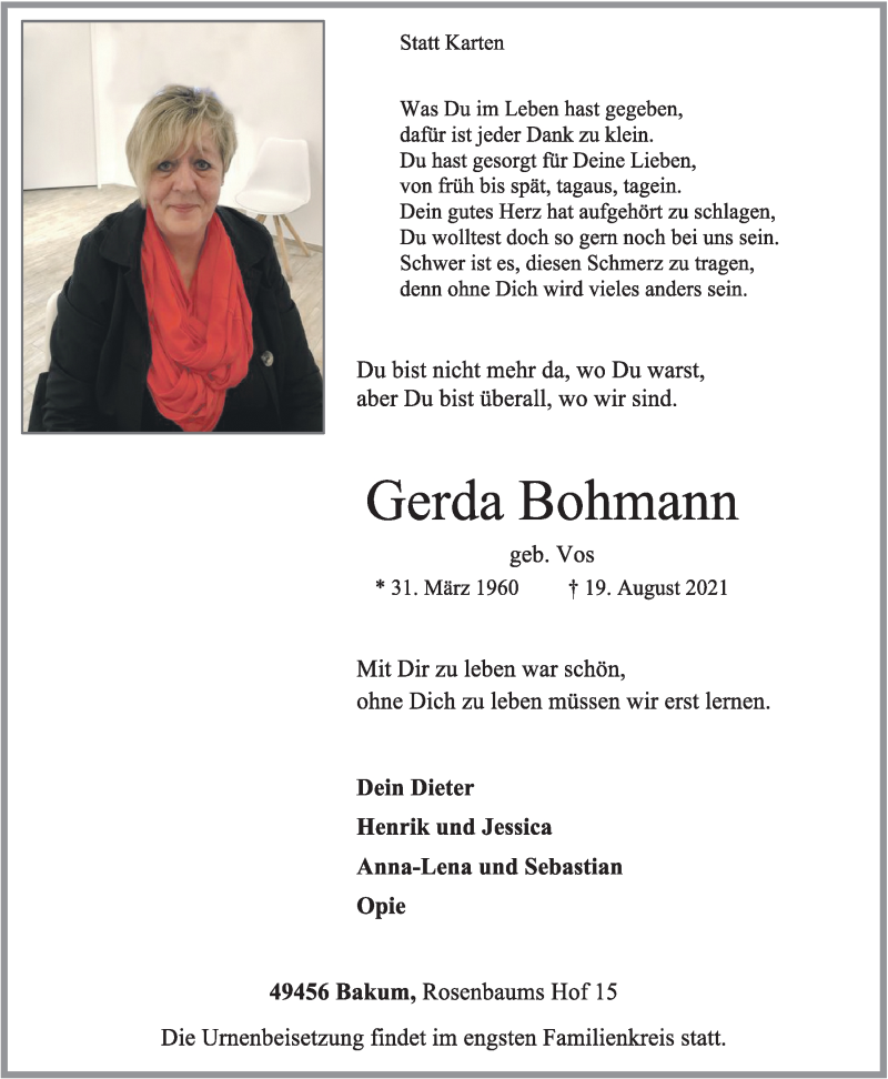  Traueranzeige für Gerda Bohmann vom 21.08.2021 aus OM-Medien
