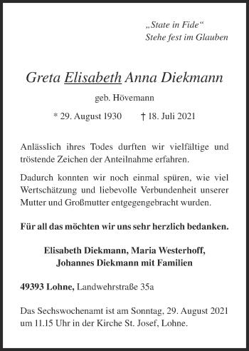 Anzeige von Greta Elisabeth Anna Diekmann von OM-Medien