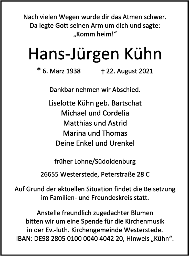  Traueranzeige für Hans-Jürgen Kühn vom 25.08.2021 aus OM-Medien