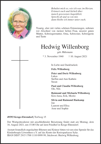 Anzeige von Hedwig Willenborg von OM-Medien