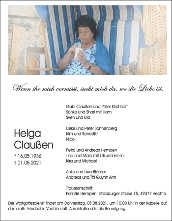Anzeige von Helga Claußen von OM-Medien