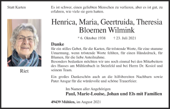 Anzeige von Henrica Maria Geertruida Theresia Bloemen Wilmink von OM-Medien